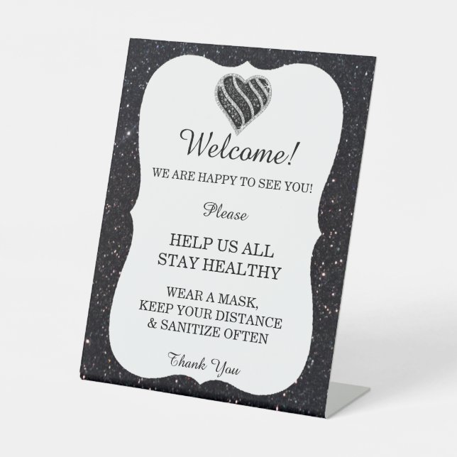 Black Glitter Black & White Heart Wedding Safety  Pedestal Sign (Front)