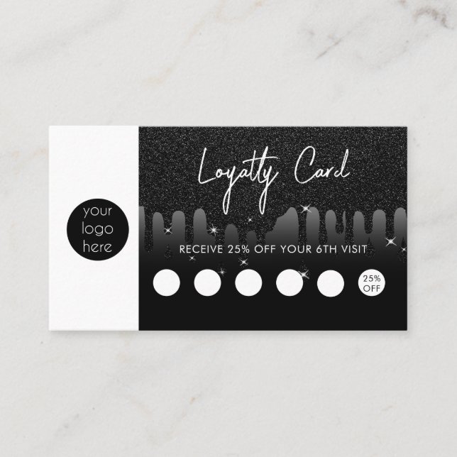 Black Glitter Business Logo QR Code Loyalty  Business Card (Front)