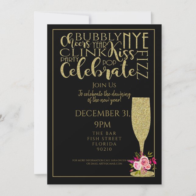 black glitter champagne new year party PTO PTA Invitation (Front)