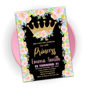 Black Glitter Crown Princess Birthday Invitations