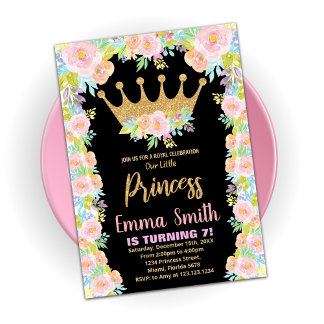 Black Glitter Crown Princess Birthday Invitations