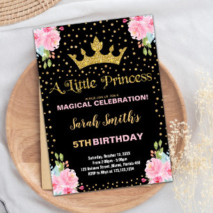 Black Glitter Crown Princess Birthday Invitations