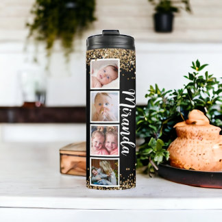 Black glitter cute script name photo  thermal tumbler
