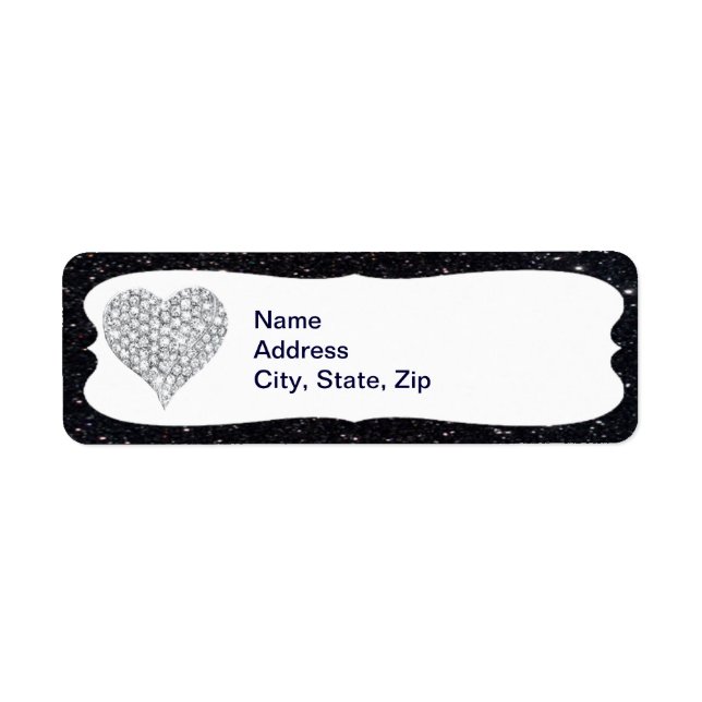 Black Glitter Diamond Heart Address Labels (Front)