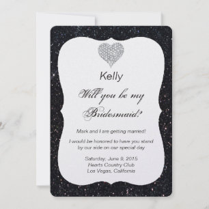 Black Glitter Diamond Heart Bridesmaid Card
