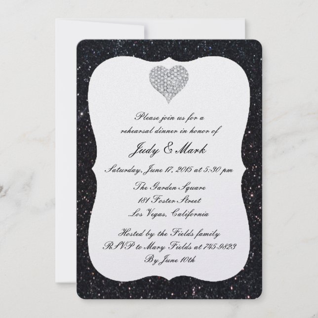 Black Glitter Diamond Heart Rehearsal Dinner Invitation (Front)