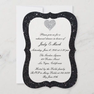 Black Glitter Diamond Heart Rehearsal Dinner Invitation