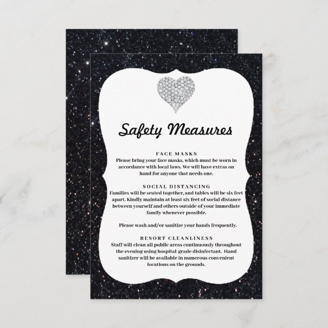 Black Glitter Diamond Heart Safety Measures Enclosure Card (Front/Back)