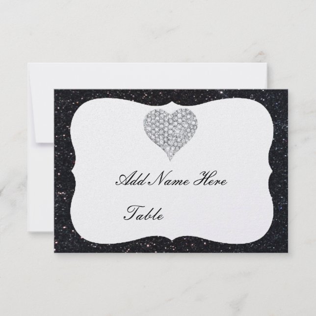 Black Glitter Diamond Heart Table Place Card (Front)