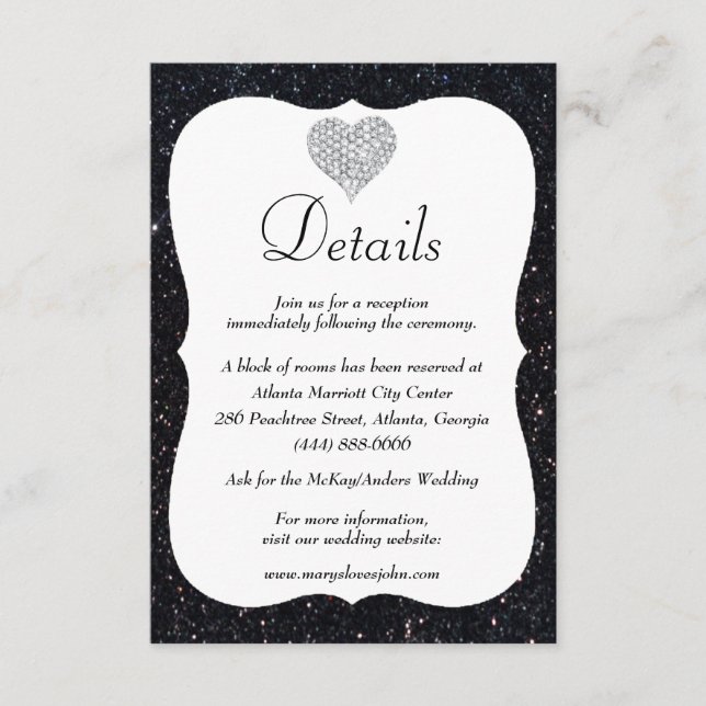 Black Glitter Diamond Heart Wedding Details Enclosure Card (Front)