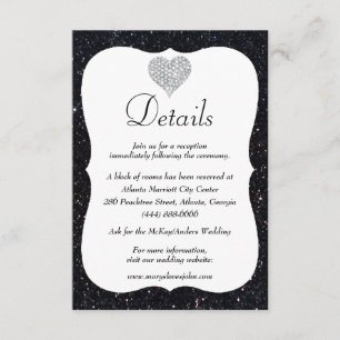 Black Glitter Diamond Heart Wedding Details Enclosure Card