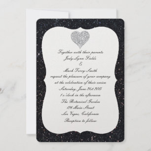 Black Glitter Diamond Heart Wedding Invitation