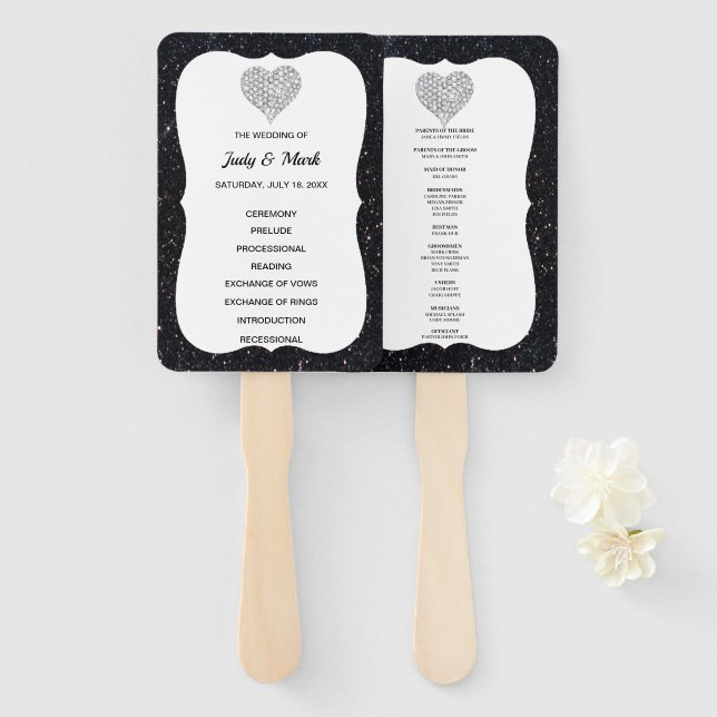 Black Glitter Diamond Heart Wedding Program Fans (Front and Back)