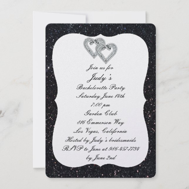Black Glitter Diamond Hearts Bachelorette Party Invitation (Front)