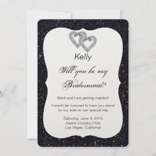 Black Glitter Diamond Hearts Bridesmaid Card