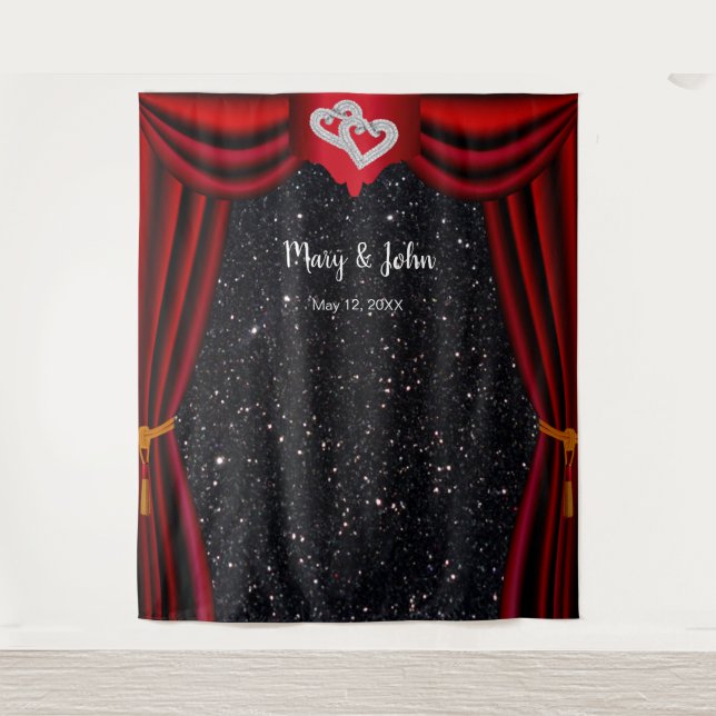Black Glitter Diamond Hearts Red Curtain Backdrop Tapestry (Front)