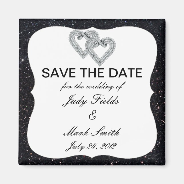 Black Glitter Diamond Hearts Save The Date Magnet (Front)