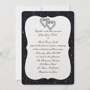 Black Glitter Diamond Hearts Wedding Invitation
