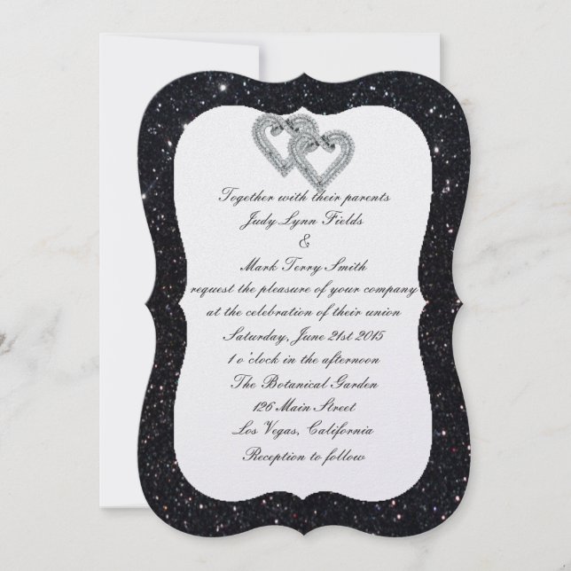 Black Glitter Diamond Hearts Wedding Invitation (Front)