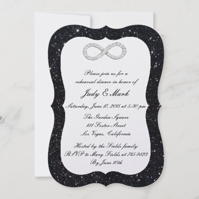 Black Glitter Diamond Infinity Rehearsal Dinner Invitation (Front)