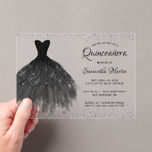 Black  Glitter Dress Script Quinceañera Party Acrylic Invitations