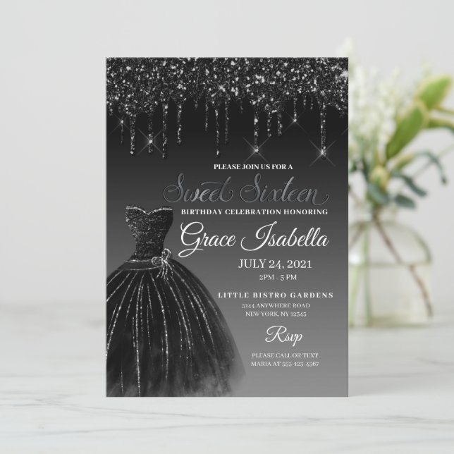 Black Glitter Drip Sweet Sixteen Birthday Invitation (Standing Front)