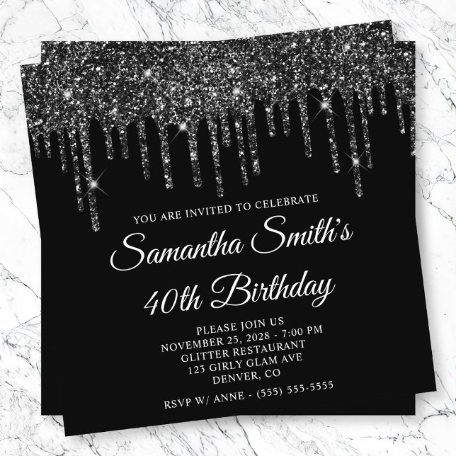Black Glitter Drips 40th Birthday Invitation (Black Glitter Drips 40th Birthday Invitation)