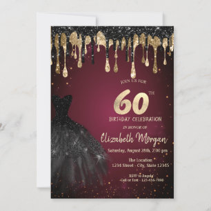Black Glitter Drips Black Dress Dark Red 60th  Invitation