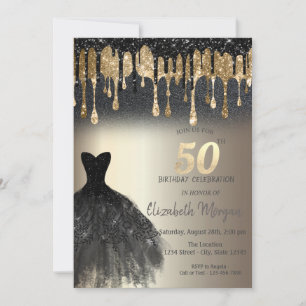 Black Glitter Drips Black Dress Gold 50th Birthday Invitation
