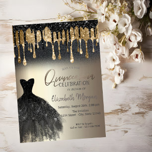 Black Glitter Drips Black Dress Gold Quinceañera Invitation
