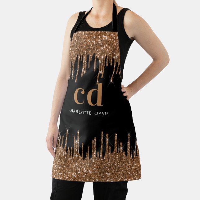Black glitter drips gold monogram business apron (Insitu)