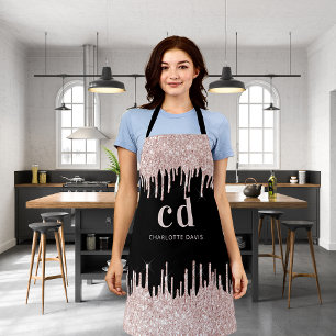 Black glitter drips rose gold monogram business apron