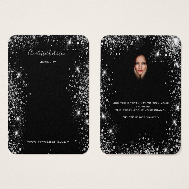 Black glitter earrings jewelry photo display card (Front & Back)