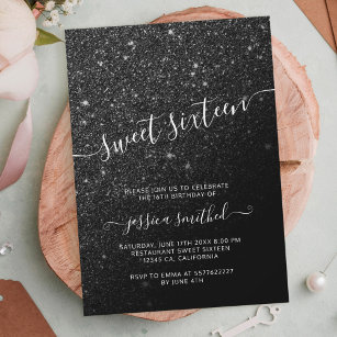 black glitter elegant chic typography Sweet 16 Invitation