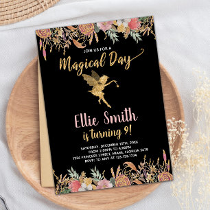 Black Glitter Floral Fairy Birthday Invitations