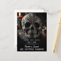 Black Glitter Glam Sparkle Skull Gothic Save Date