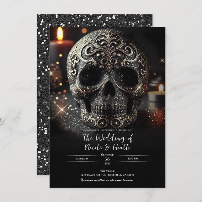 Black Glitter Glam Sparkle Skull Gothic Wedding Invitation (Front/Back)