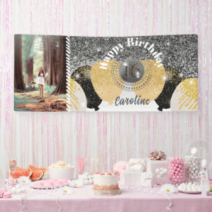 Black Glitter & Glitter Balloons Sweet 16 Birthday Banner