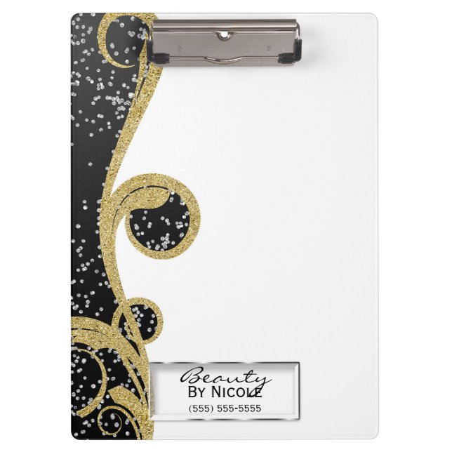 Black Glitter Gold Elegant Chic Glam Personalised Clipboard (Front)