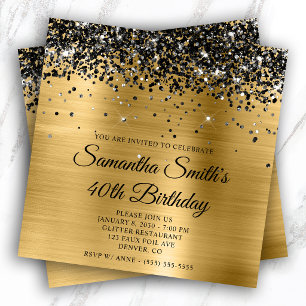 Black Glitter Gold Foil 40th Birthday Invitation