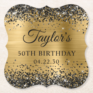 Black Glitter Gold Foil 50th Birthday Paper Coaster