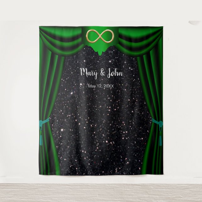 Black Glitter Gold Infinity Green Curtain Backdrop Tapestry (Front)