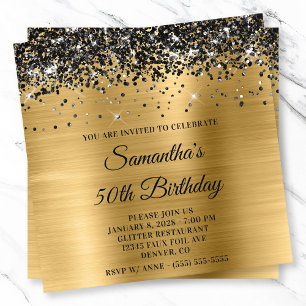 Black Glitter Gold Metallic Look 50th Birthday Invitation