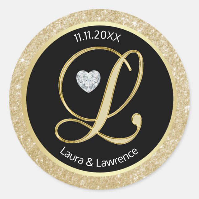 Black Glitter Gold Monogram Wedding Envelope Seals (Front)