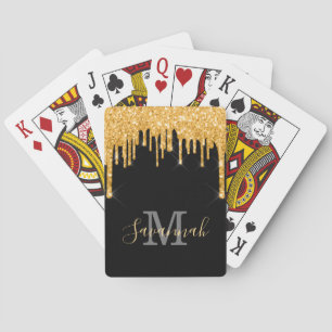 Black glitter gold sparkle monogram script playing cards