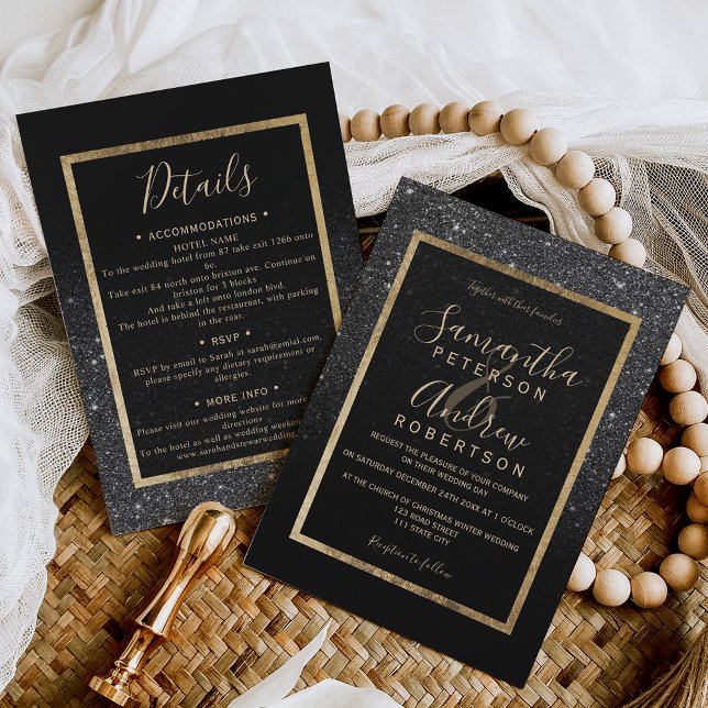 Black glitter gold typography chic winter wedding invitation (Black glitter gold typography chic winter wedding invitation)