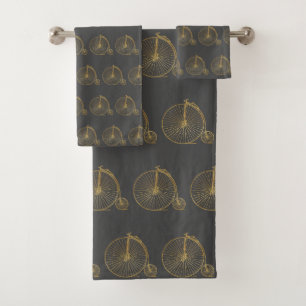 Black Glitter Gold Vintage Unicycle Penny Farthing Bath Towel Set