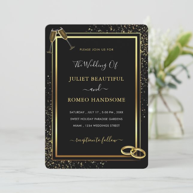 Black Glitter Gold Wedding Invitation Example (Standing Front)