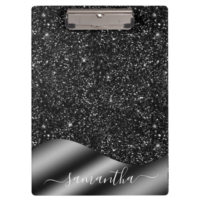 Black Glitter Handwritten Name Metal Monogram  Clipboard (Front)