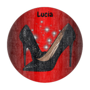 Black Glitter High Heel Shoe on Red   Cutting Board